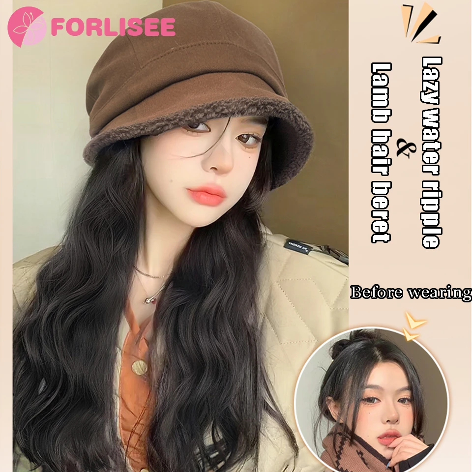 FORLISEE Synthetic Hat Wig Women's Lamb Hair Octagonal Beret Autumn/Winter Fashion Maillard Style Long Curly Hair Wig Hat