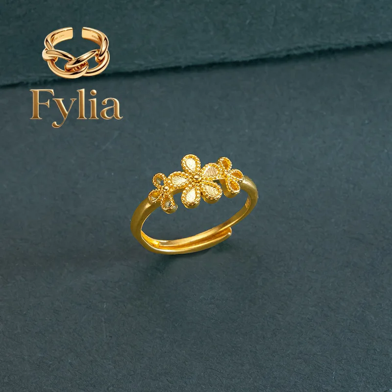 

Fylia Jewelry Peach Blossom Marriage Three-piece Set for Women 9999 24K Real Gold Flower Ring Hard Gold Necklace Pendant Brace