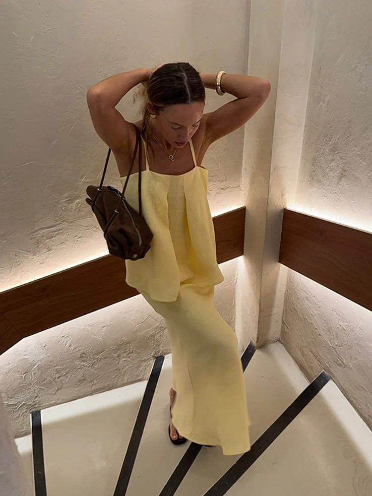 

Elegant Yellow Sling Vest Long Skirts Sets Women Backless Pleated Tank High Waist Hip Package Ruffles Skirt 2025 Summer Lady Set