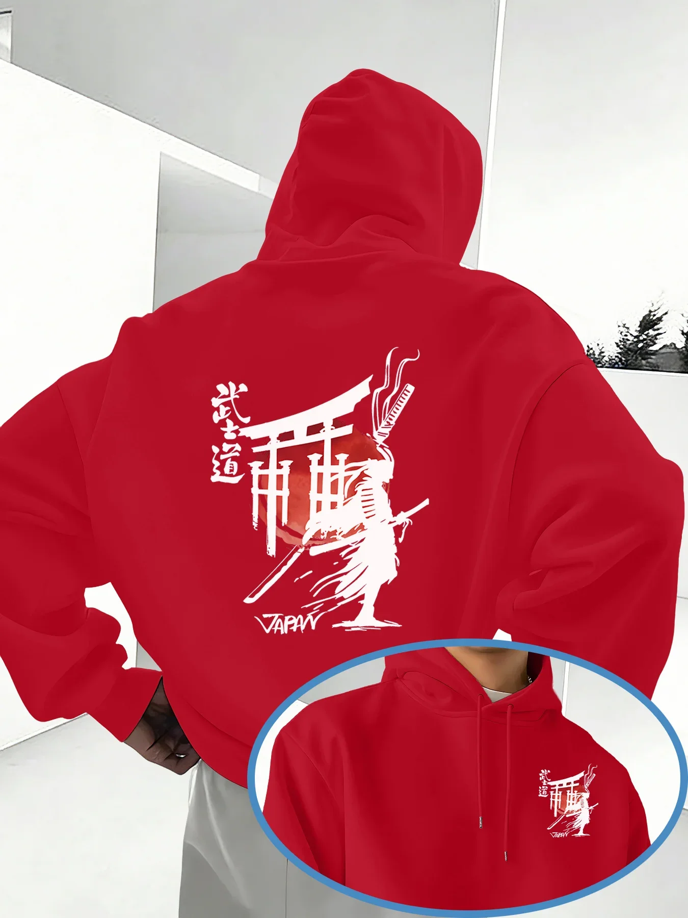 Men Bushido Samurai Hoodie Japanese Torii Gate Red Sun Katana Vintage Graphic Print Loose Fit Streetwear Pullover Sweatshirt