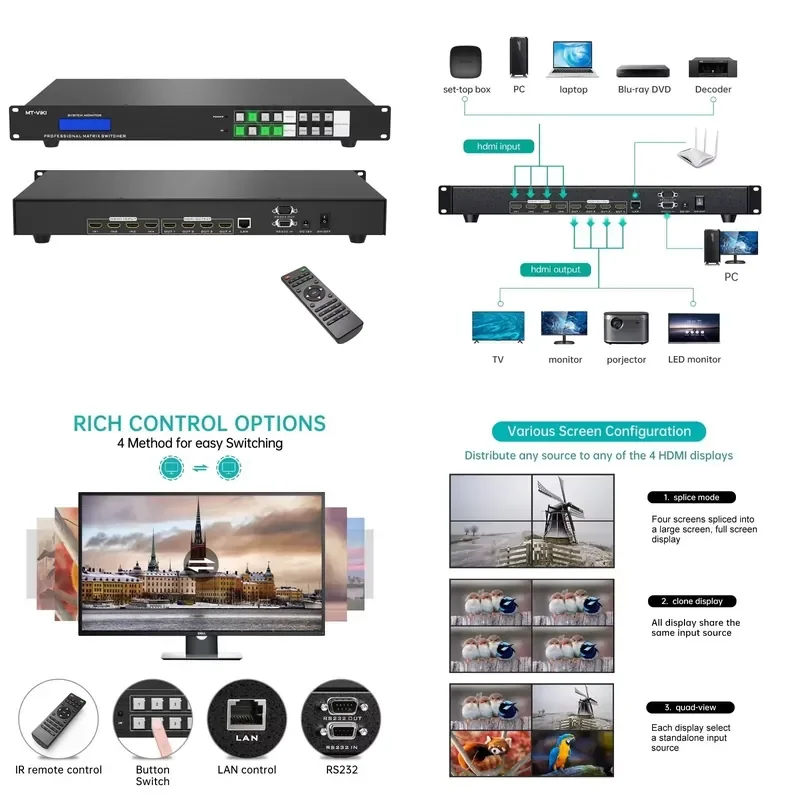 AP01 for ADI Chip 4K 30Hz Matrix Switch 4x4 Audio Video Splitter 4 in 4 Out with Web Control for Home Theater AV