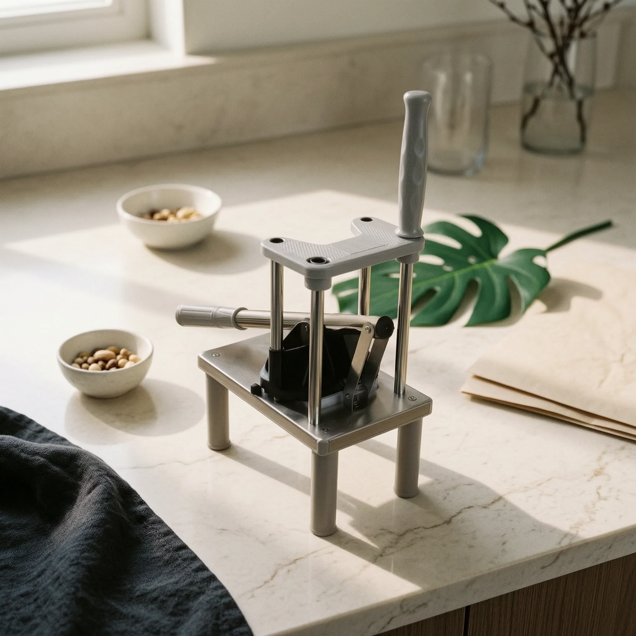 Press-Style Potato Cutter Interchangeable Blades Stainless Steel Potato Cutter Kitchen Tool Lever Mechanism Square Base