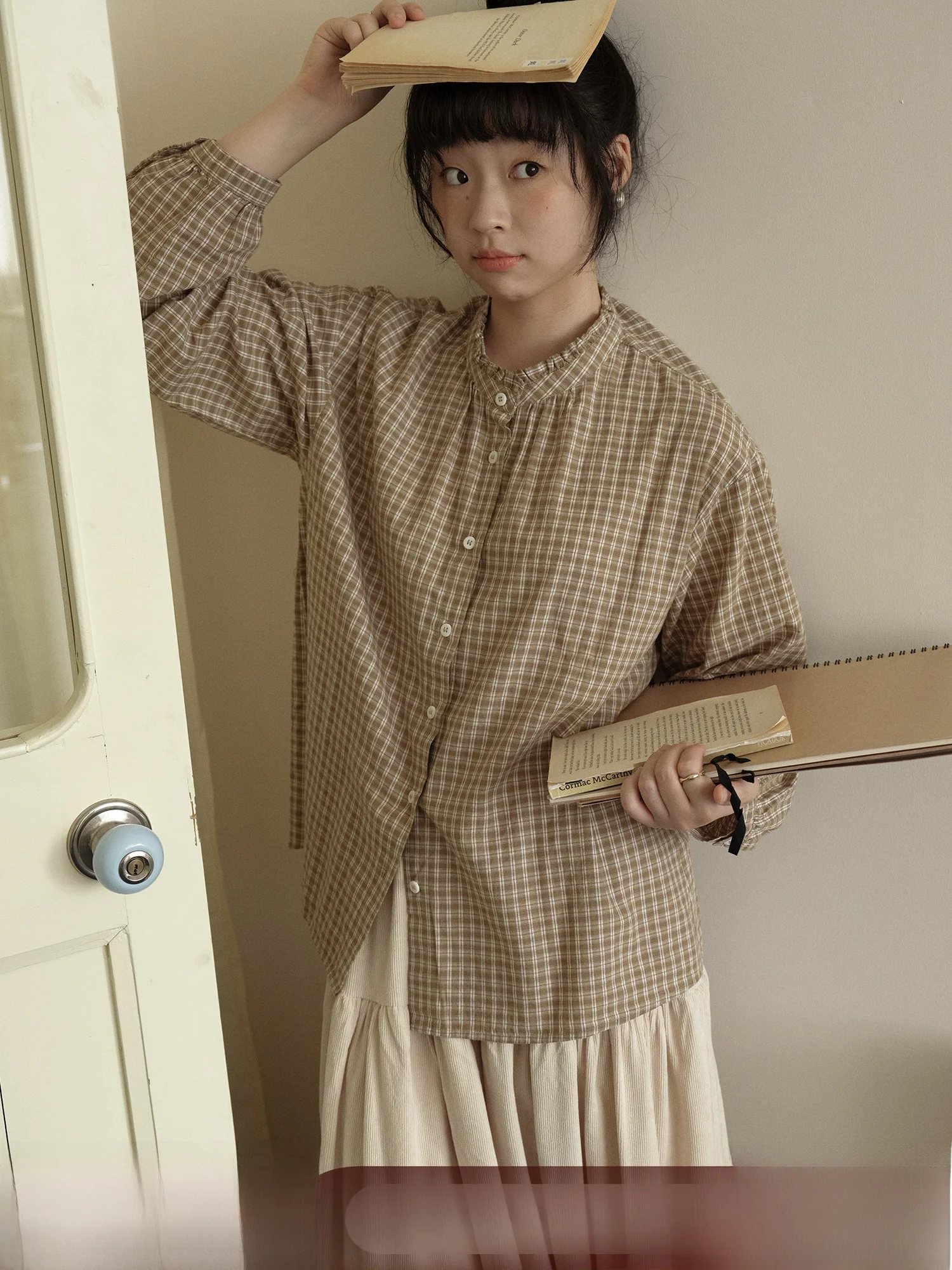 

Retro Artistic Plaid Long Sve Women's irt Loose Fit Slimming Top Casual Sle round Ne Cotton 00% Autumn Design