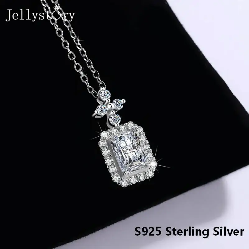 JellyStory Square Perfume Bottle Necklace S925 Sterling Silver Topaz Radiant Cut Moissanite Elegant Clavicle Chain for Women
