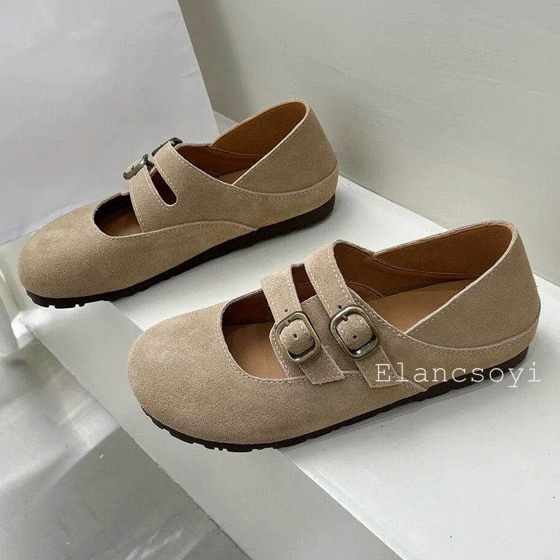 Spring Autumn Round Toe Cow Suede Retro Flat Shoes Women's Thick Bottom Belt Buckle Casual Shoes Daily Walking Single Shoes