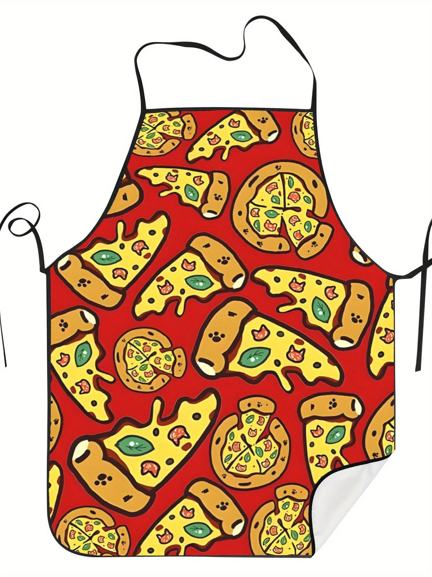 Cooking Apron with Fun Pizza Pattern Vibrant Red Background with Colorful Pizza Slices, Green Leaves & Basil Details