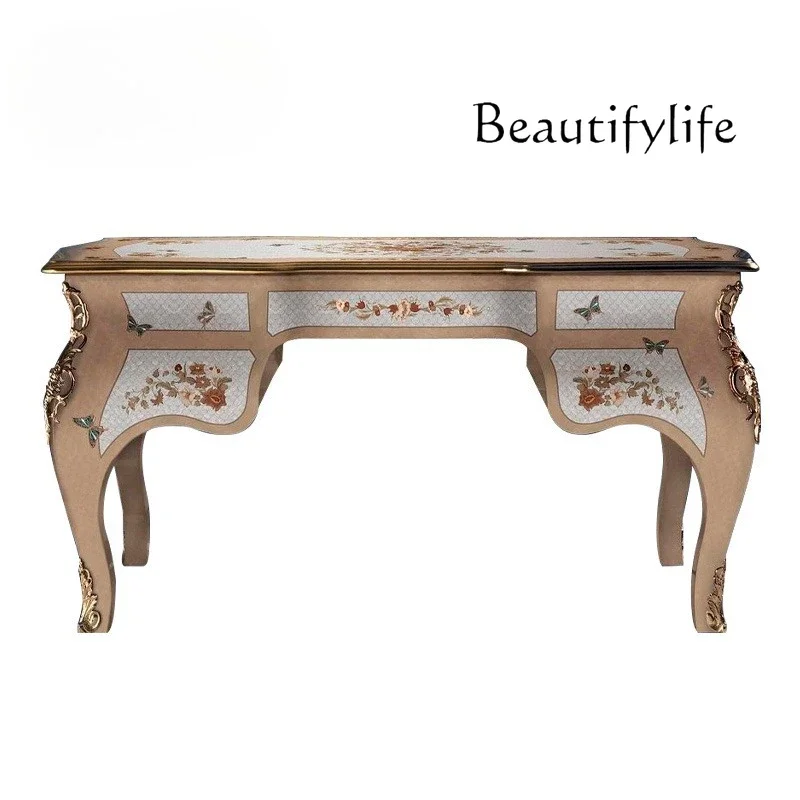 

French solid wood carving desk European bookcase desk shell parquet villa study furniture