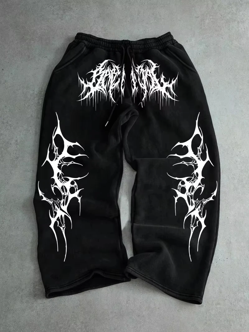 2026 Summer New Fashion Trends Gothic Vertical Graphic Wide Leg Sweatpants Drawstring Loose Straight Baggy Y2K Pants.