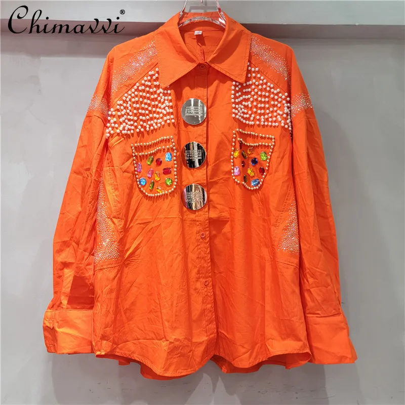 Heavy Hot Diamond Bead Long Sleeve Shirt Women's New 2024 Autumn Clothes Korean Fashion Loose and Skinny Mid-length Blouse Tops