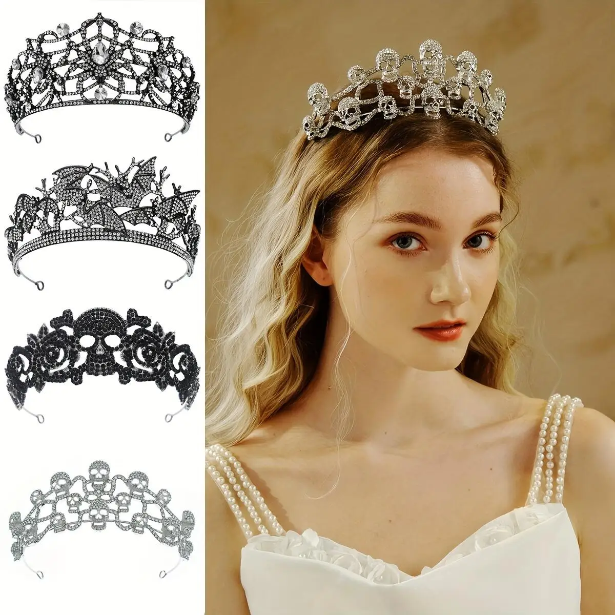 Silver Color Rhinestone Hairbands Halloween Skull Crown Jewelry for Women And Girls Party Cospaly Princess Headbands Tiaras