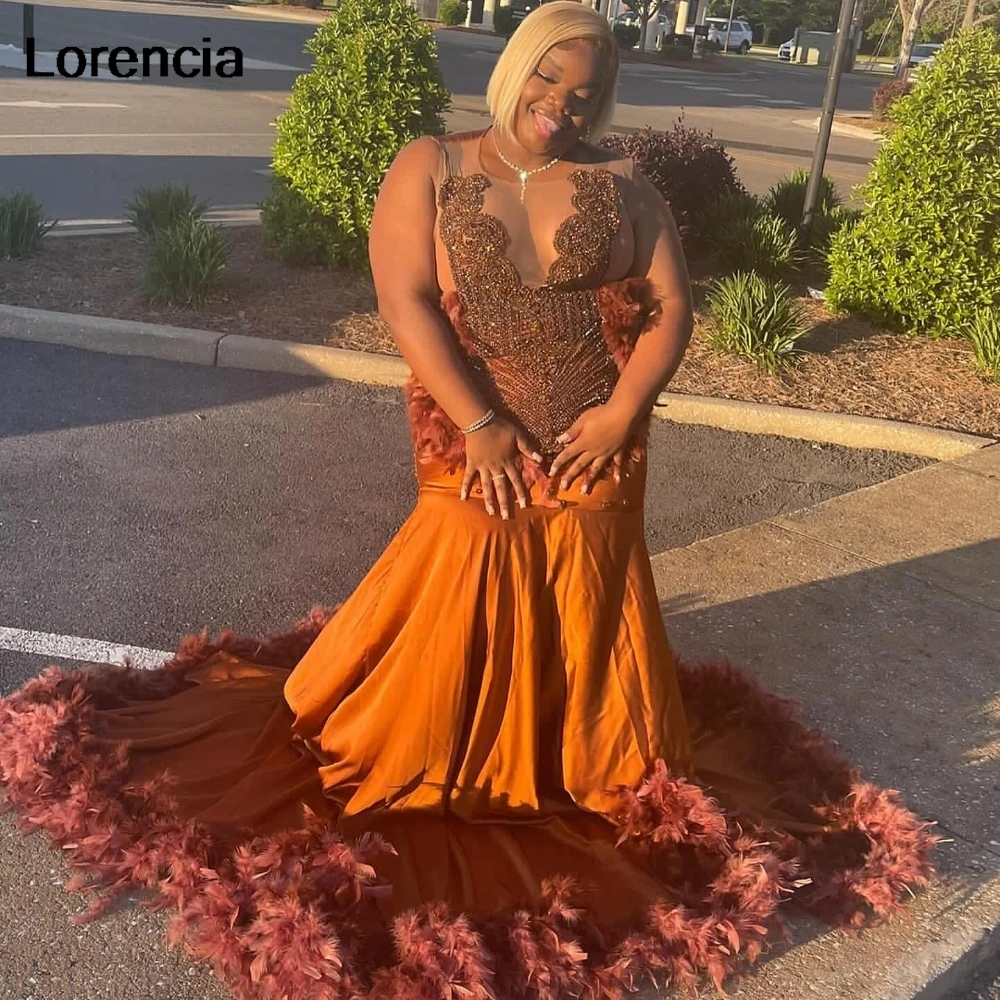 Lorencia Orange Feathers Mermaid Prom Dress 2024 Beading Gillter African Girls Party Gowns Long Aso Ebi Evening Dress YPD139