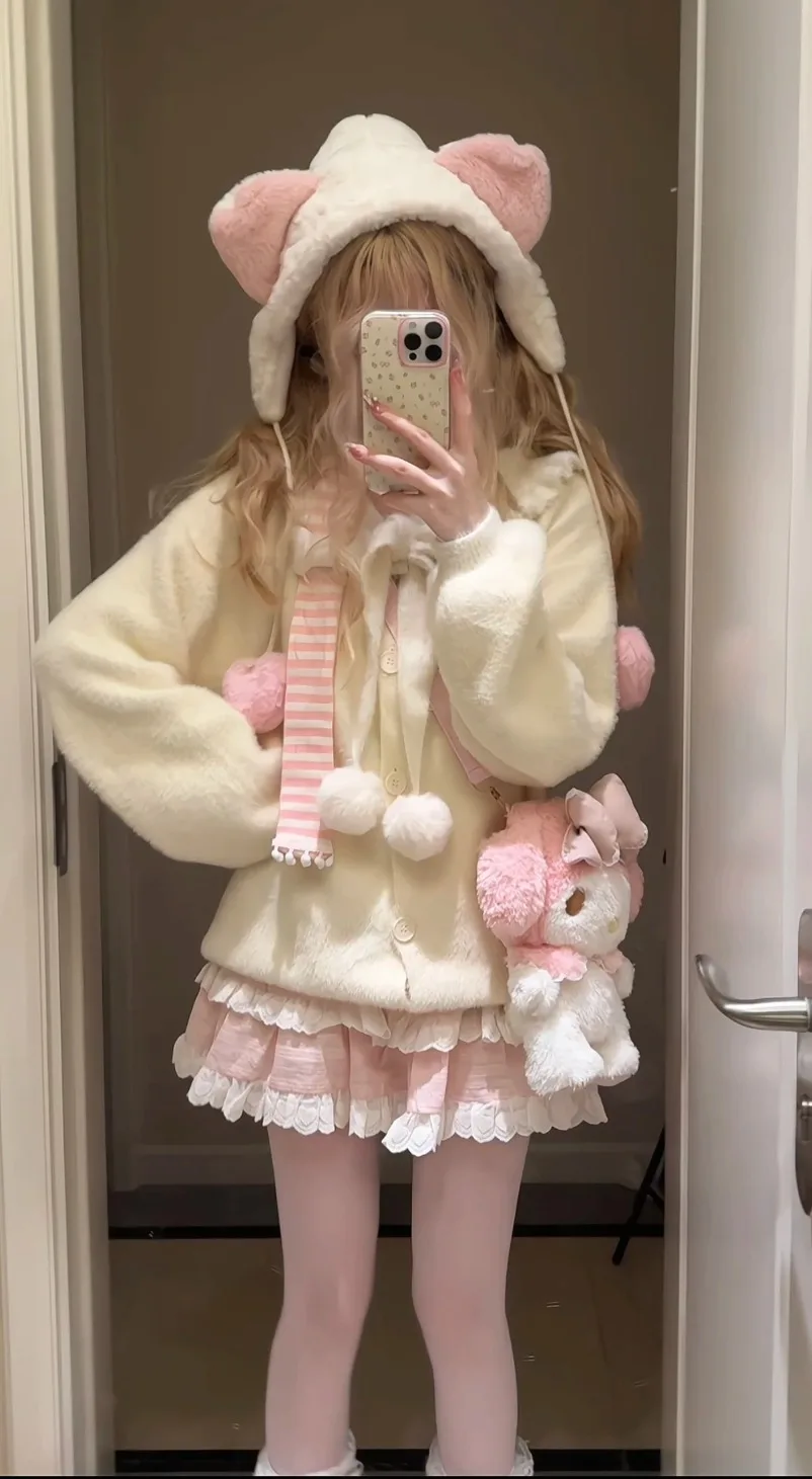 Japońskie dziewczęce słodkie słodkie miękkie woskowane sweter z dzianiny sweter damski imitacja dzianiny z norek płaszcz jesienno-zimowy szalik kaszmirowy