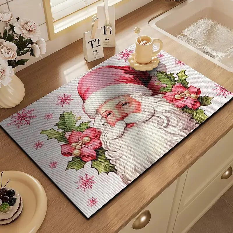 VIKAMA Pink Santa Claus Tableware Drainer, Absorbent and Quick-Drying Coffee Maker Mat, Christmas Home Decor