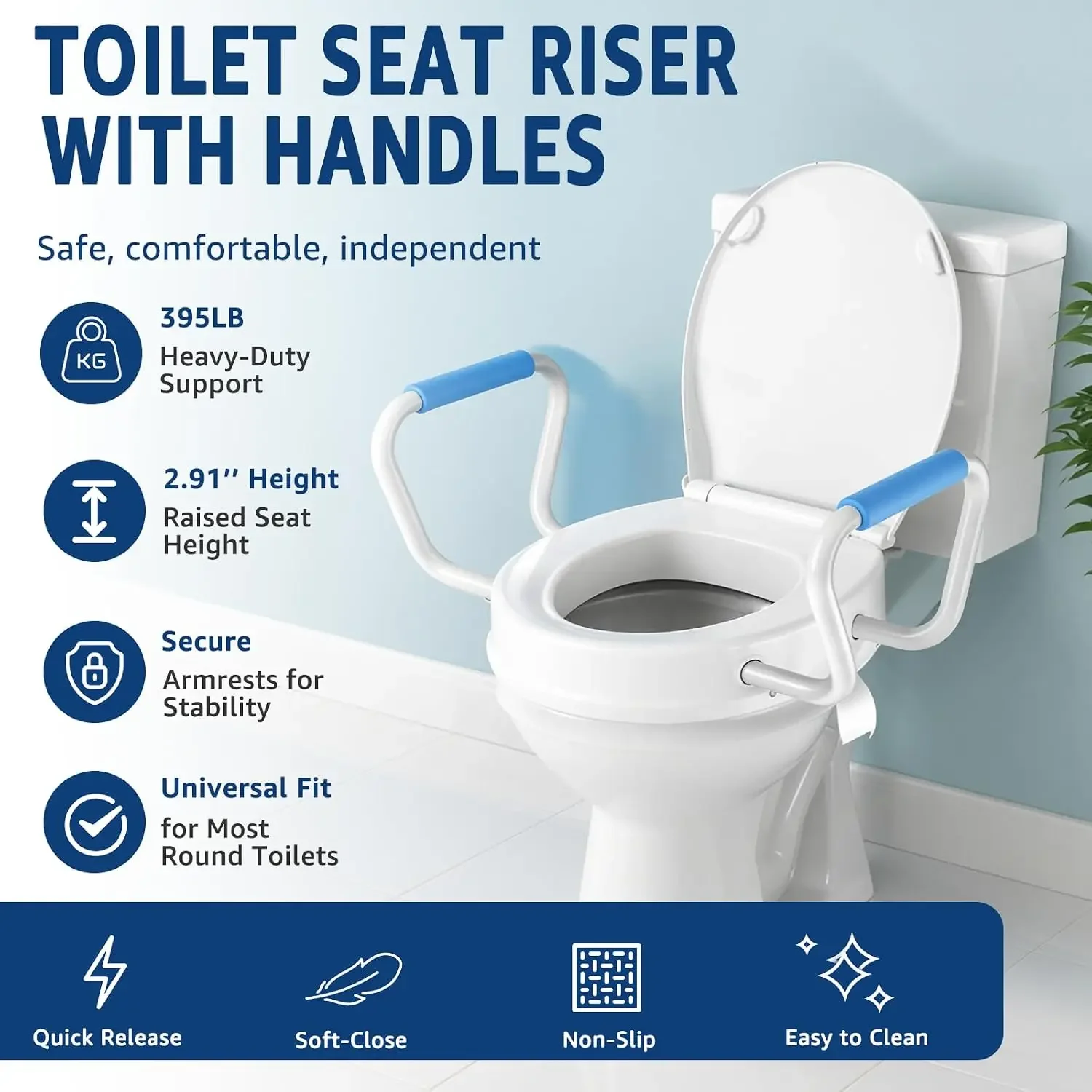 Raised Toilet Seat with Armrest, Round 16.5inch | Height 2.91inch, Soft Close, Quick-Release, Triple Anti-Slip Pad, Urine Splash