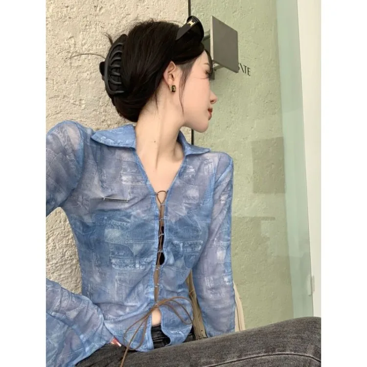 2024 Summer New Slim Fit Lace Up Cardigans American Vintage Blue Lapel Neck Tops Women Y2k Grunge Long Sleeve Blusas Mujer