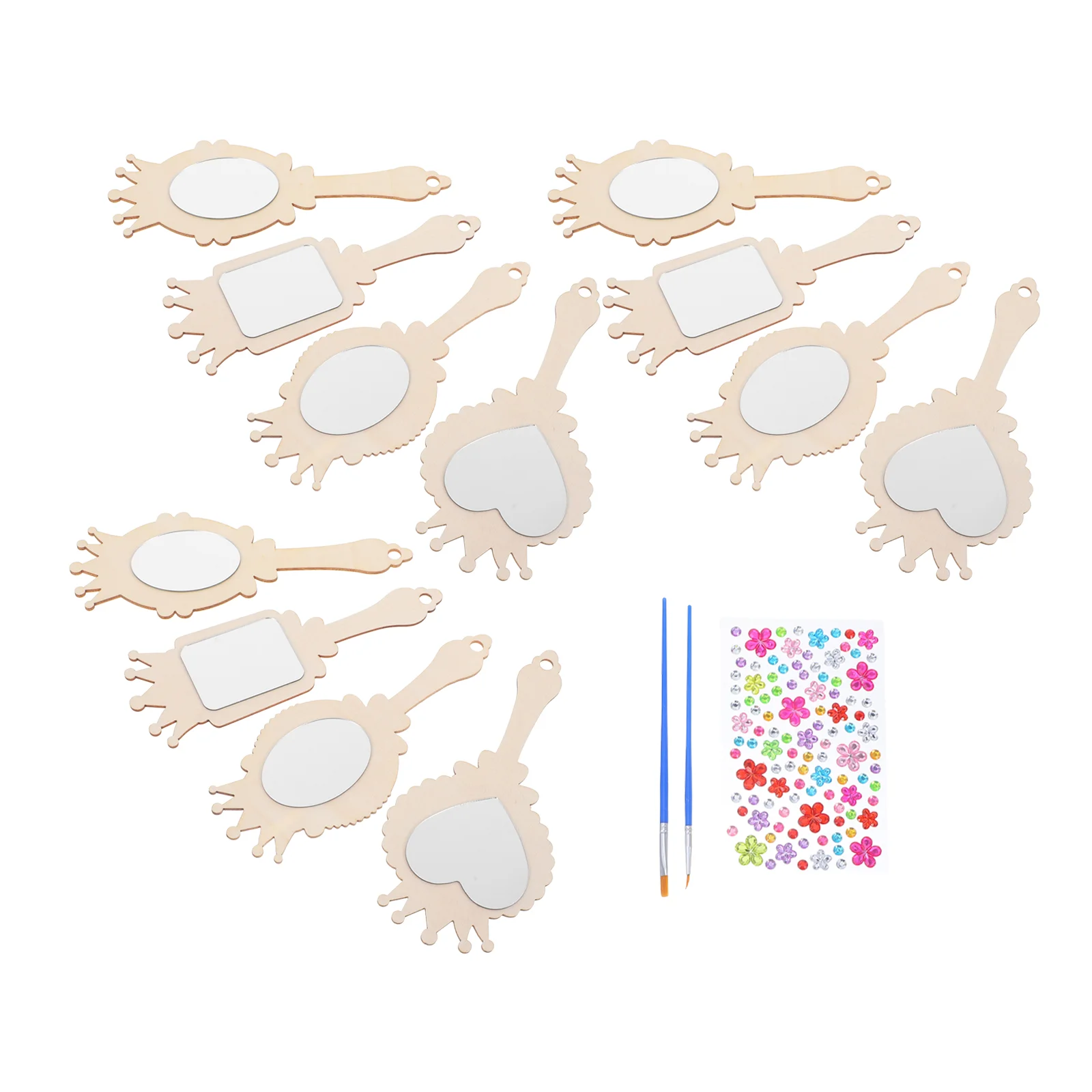 

12pcs Children's Wooden Hand Mirror Unpainted Craft Kit Blank Handheld Mirrors for Girls Princess Decor Painting Tools