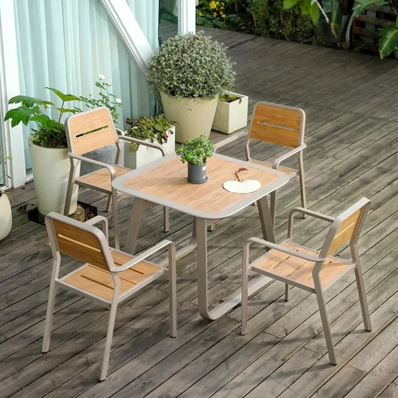 for Outdoor Plastic Wood Garden Table and Chairs Set Waterproof Sunproof Patio Courtyard Yard Terrace Coffee Shop Dining