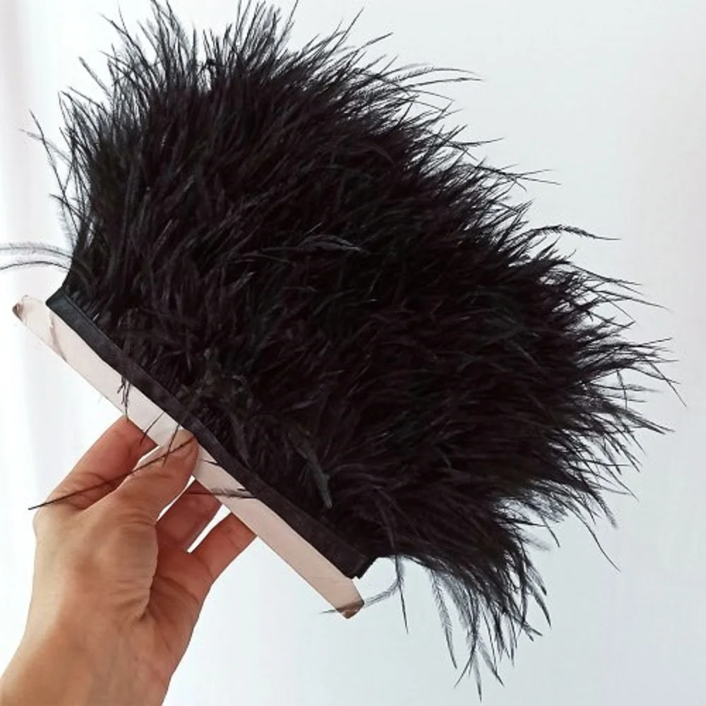 1Meter Black Ostrich Feather Fringe Trim for Sewing Fluffy White Feathers Trimmings Party Clothes Dress Decor Plumage Fabric