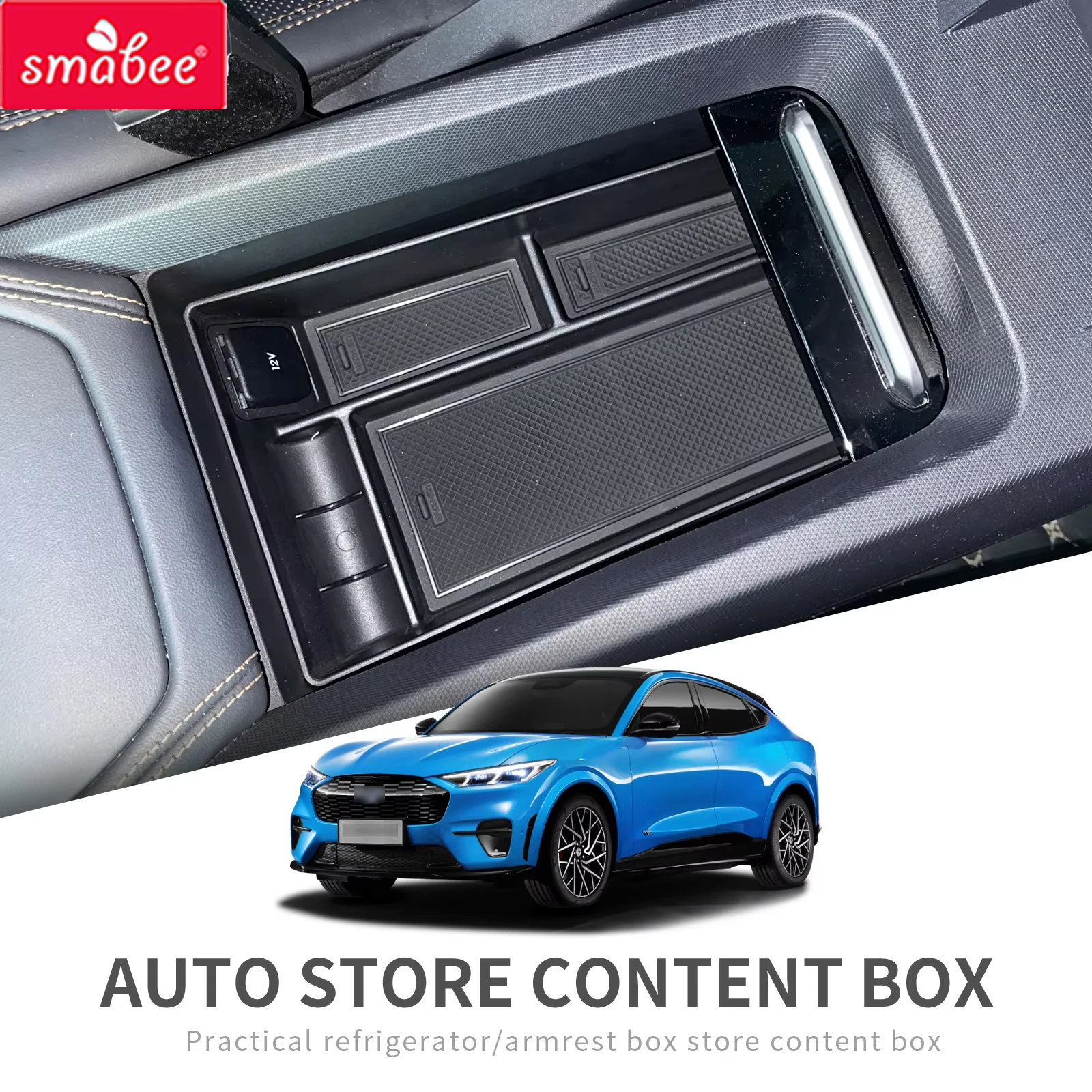 Smabee para Ford Mustang Mach-E 2021-2024: Bandeja Organizadora Antiderrapante para Console Central e Apoio de Braço - Acessório Preto