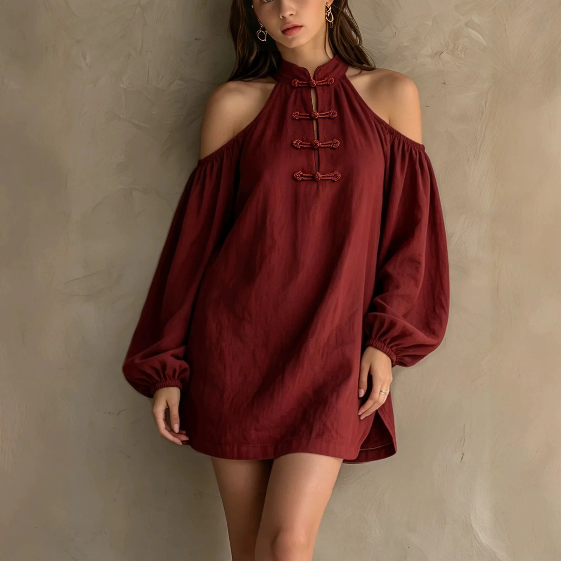 Women's Chinese Frog Button Halter Cold Shoulder Mini Dress Lantern Long Sleeve Loose Side Split Vintage Oriental Shirt Dress