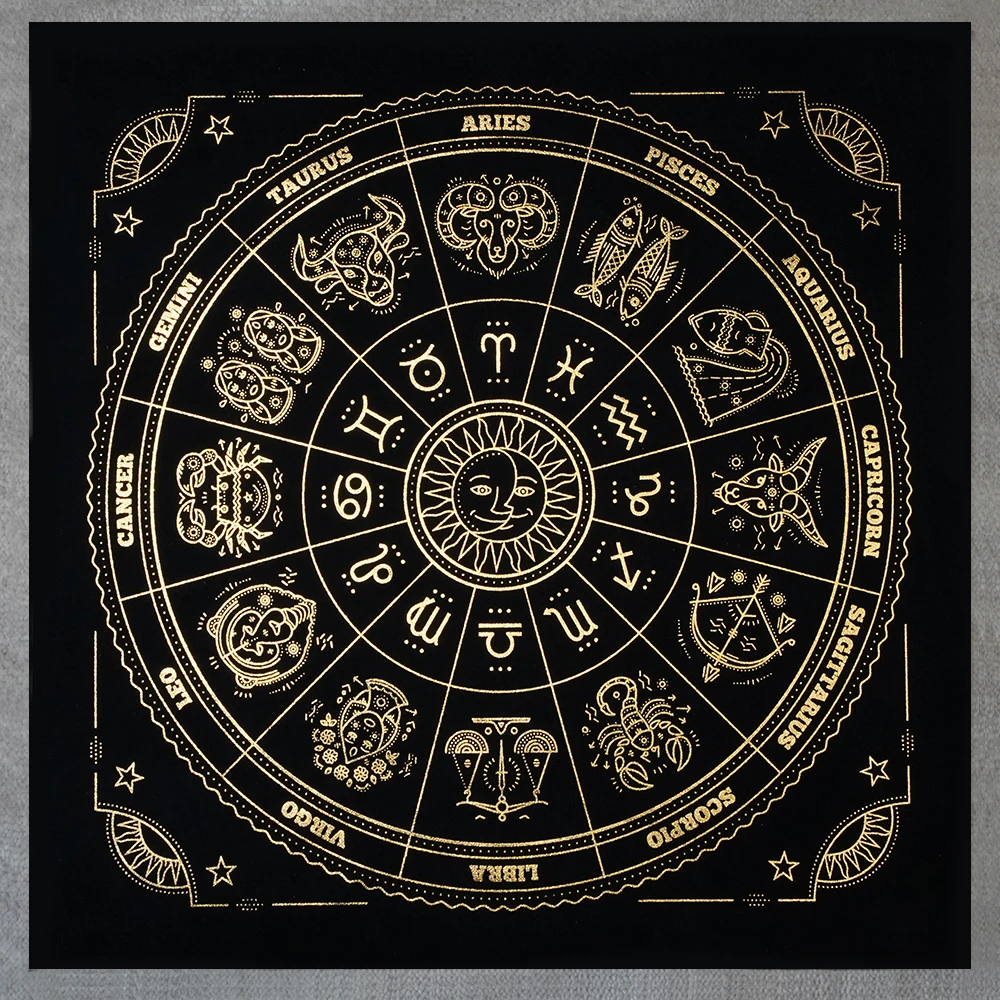 Astrological Zodiac Wheel Altar Cloth Black Gold Sun Moon Celestial Signs Divination Mat Tarot Tablecloth Mystic Esoteric Home D