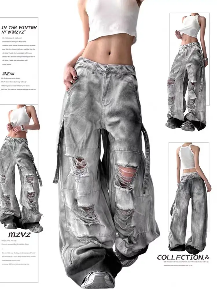 

Американские ретро-тайлинг с рваными дырками и несколькими ремнями, тяжелые прочные джинсы для мужчин и женщин, новый модный тренд, свободные джинсы с высокой талией