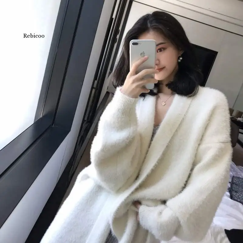 Autumn winter NEW lazy wind white mink cashmere knitted cardigan long loose sweater coat female thickened