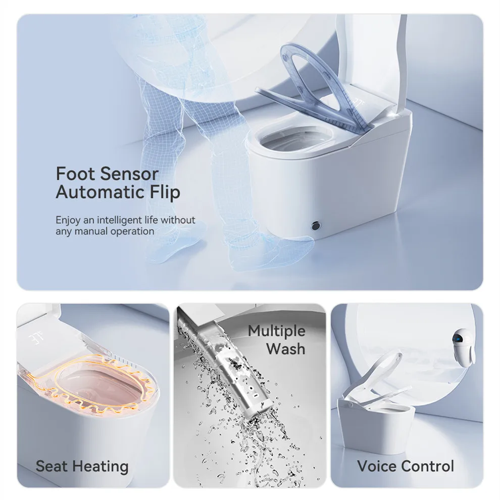 Foot Sensor Automatic Flip Self Cleaning Smart Intelligent Toilet Voice Control Modern Bathroom Bidet Commode Toilet with Tank