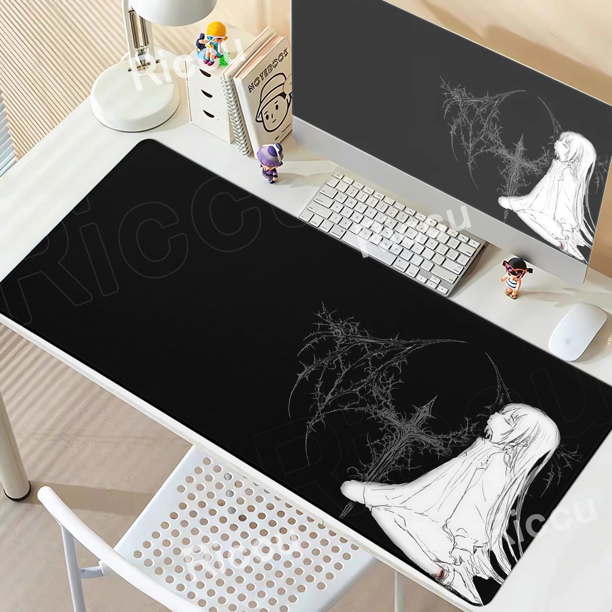 Schwarz-weiße Anime-Mädchen Schreibtischunterlage Gotische Mädchen Mauspad Großes Rutschfestes Gummi PC-Tastatur-Unterlage Büro-Zubehör Teppich