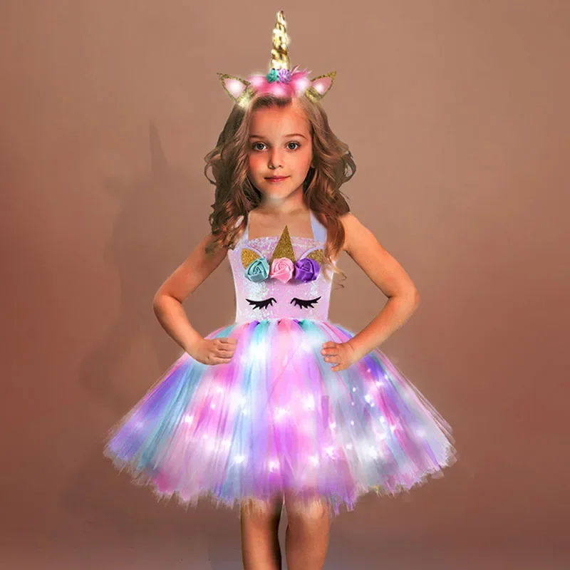 Rainbow unicorn dress girls LED light flower birthday party Tutu outfits kids Halloween Christmas Unicorn costume with headband