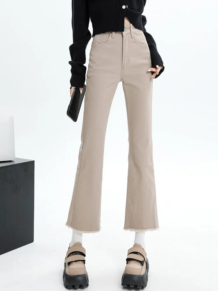 Hairy edge slightly flared jeans women autumn new high waisted nine point fashionable versatile casual straight leg pants