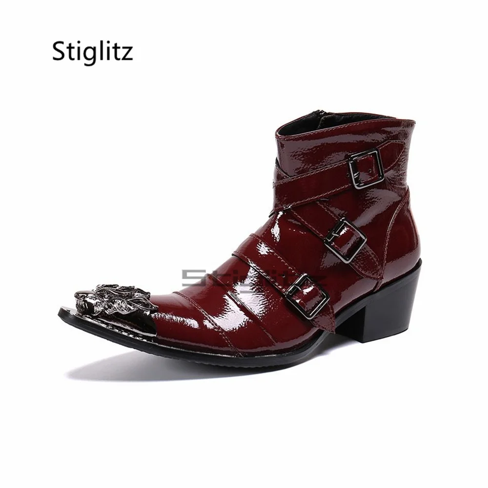 

Wine Red Belt Buckle Chelsea Boots Men Patent Leather High Heels Western Boots Metal Pointed Toe Zip Ankle Boots Dress Shoes