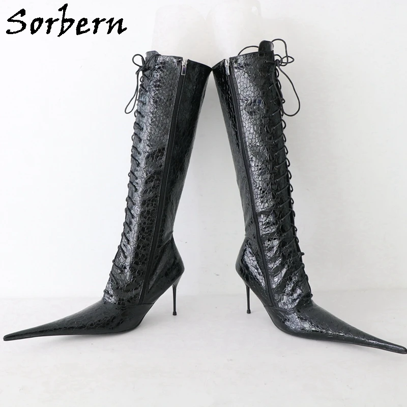 Sorbern 10Cm Cigarette Metal Heel Knee High Boots Women Pointy Toes Stilettos Lace Up Itay Style Plus Size Boot Custom Wide Fit