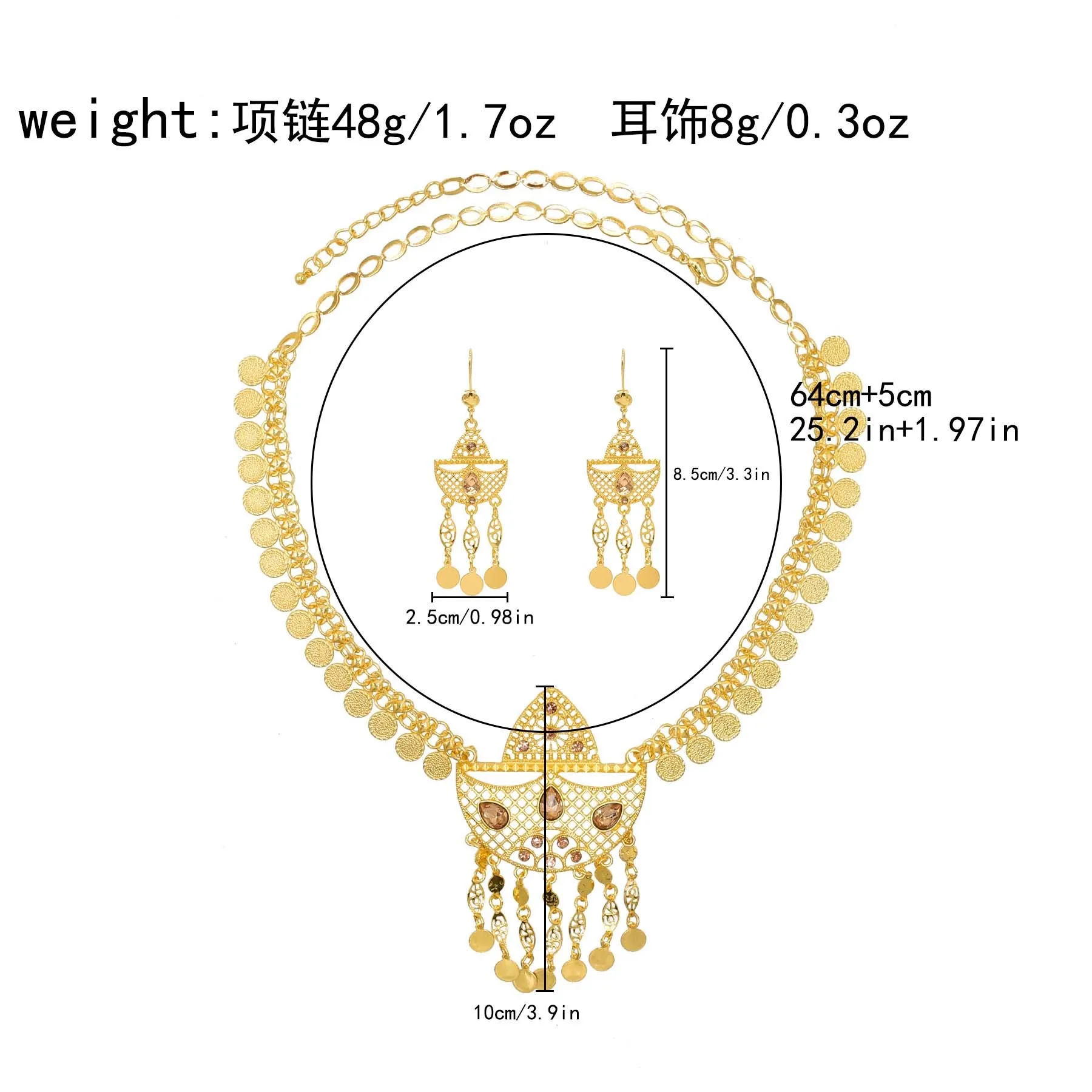 Arab Ethnic Golden Coins Crystal Geometric Moon Pendant Necklace Earrings for Women Vintage Afghan Kurdish Statement Jewelry Set