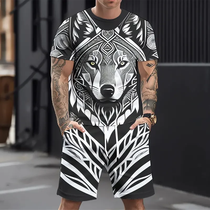 

Funny 3D Lion Print Men's Short Sleeve T-Shirts Sets Summer Casual O-neck Tops Shorts 2 Piece Fashion Wolf Pattern Loose Outfit