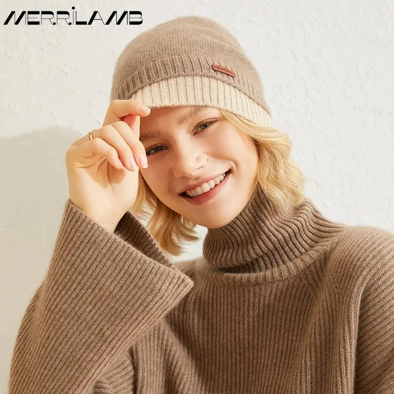 MERRILAMB 100% Cashmere Hat Women Winter Thickened Warm Earmuffs Hood Caps Pile Caps Female Knitted Hats