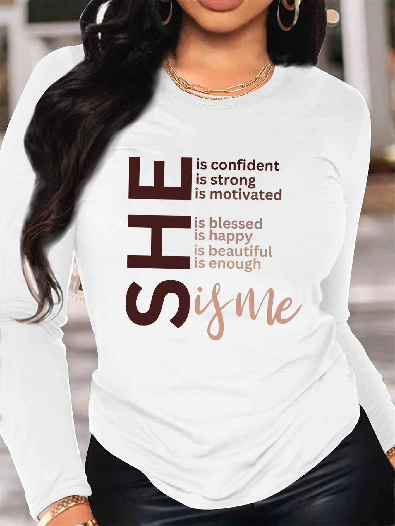 Damen-Frühlings- und Herbstmode aus 100 % reiner Baumwolle, bequem, lässig, langärmelig, SHE-Buchstabenmuster, bedrucktes Rundhals-T-Shirt