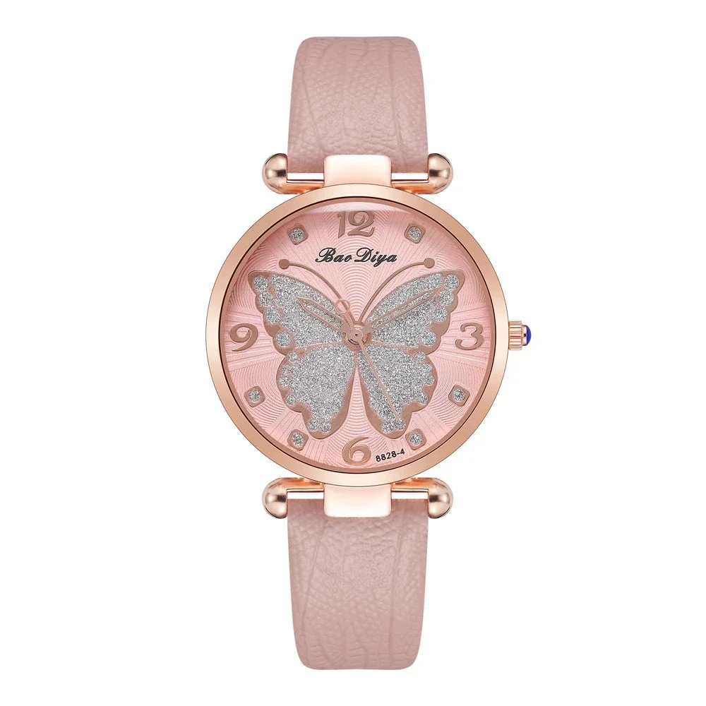 Women\'s Fashion White Butterfly Diamond Set Design Watches Brand Ladies Quartz Wristwatch Simple Femme Leather Band Clock