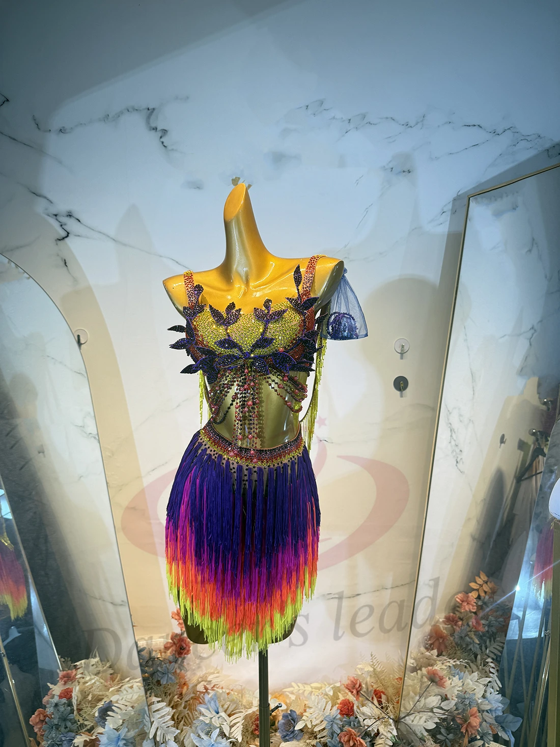 Latin Dance AB Stone Female Adult Children High end Customized Colorful Tassel Splicing Black Pool Samba Performance Dress