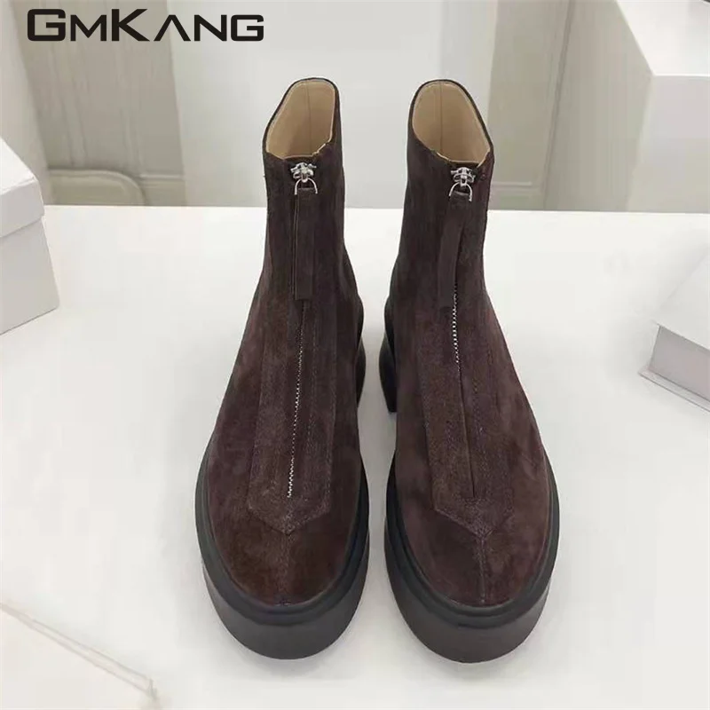 Autumn Winter Thick Sole Knight Boots Women Front Zipper Real Leather Ankle Boots Luxury Quality Motorcycle Boots Female Botas