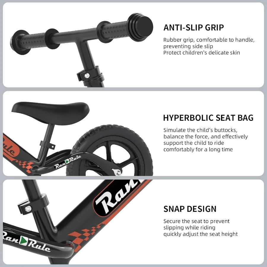 Bicicleta de equilíbrio para crianças de 2 a 5 anos, meninos, meninas, brinquedos, presente, leve, assento ajustável e guiador, bicicleta de treinamento de 12 pol.