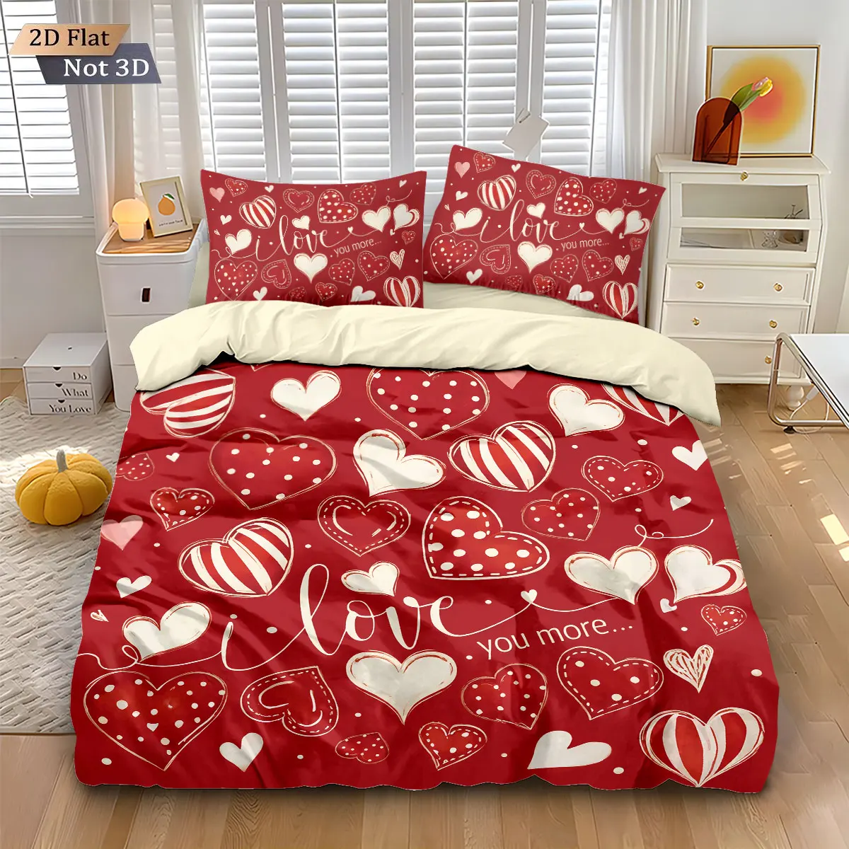 3pcs Valentine's Day Romantic Red Love Printed Chipless Quilt Set Multi Size Bedroom Bedding Holiday Decoration Machine Washable