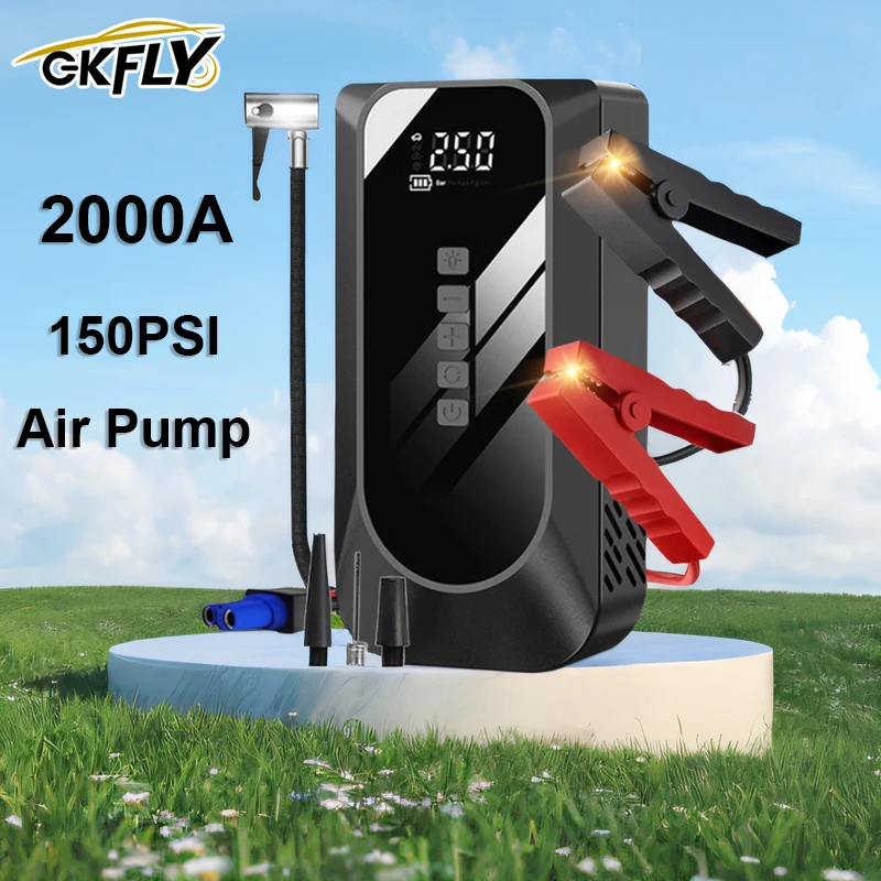 GKFLY Jump Starter with 150PSI Car compressor Portable Car tyre inflator 2000A Peak Current Starting device LED Screen