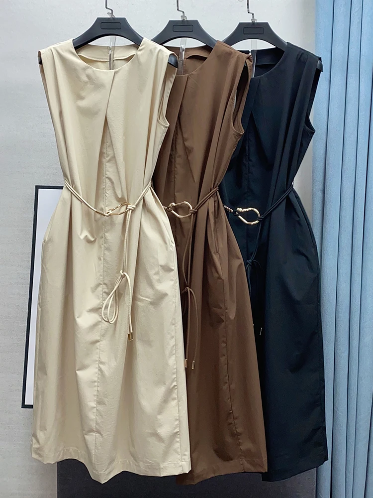 

Korean Sle round Ne Svel A-Line Dr Belted Summer New Arrival Women's Faionable Long Gown Polyester Fiber