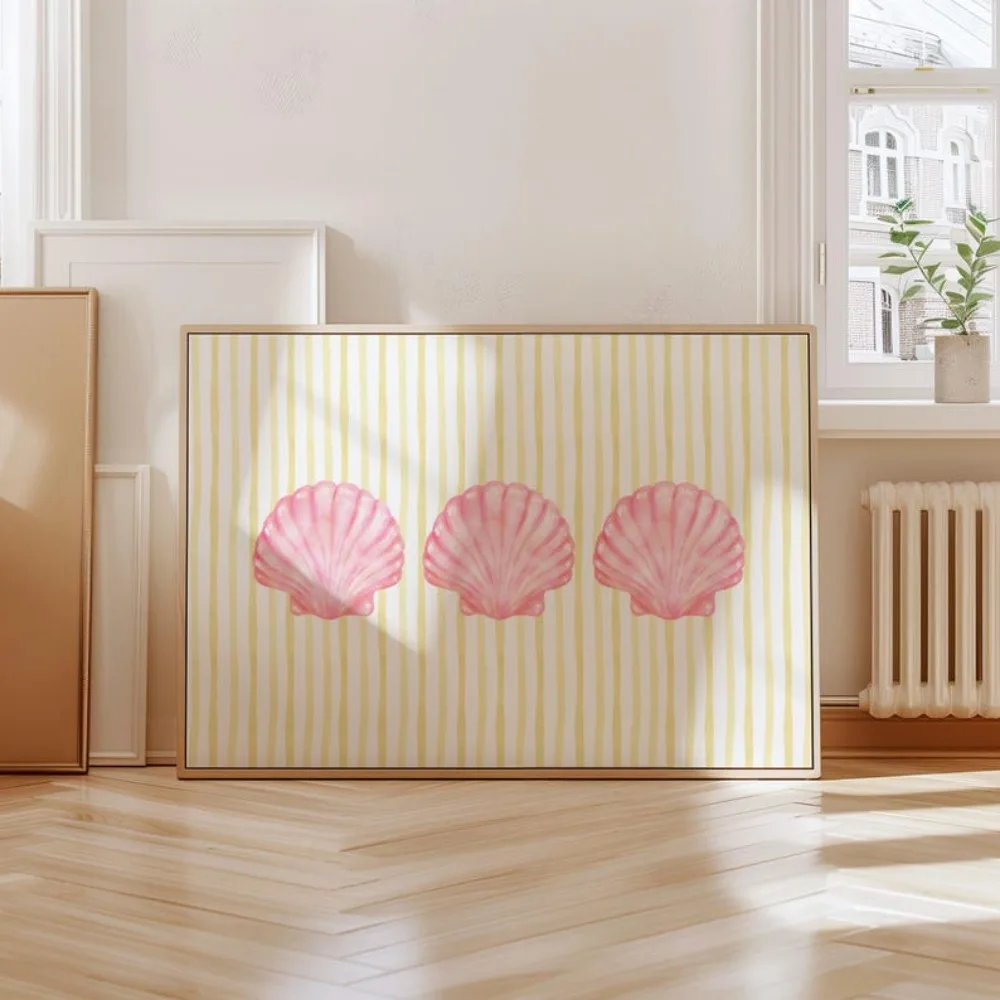 1pcs Seashell Stripes Print in Pink and Butter Yellow,Beachy Summer Wall Art for Beach House,Apartment,or Dorm,Printable Digital