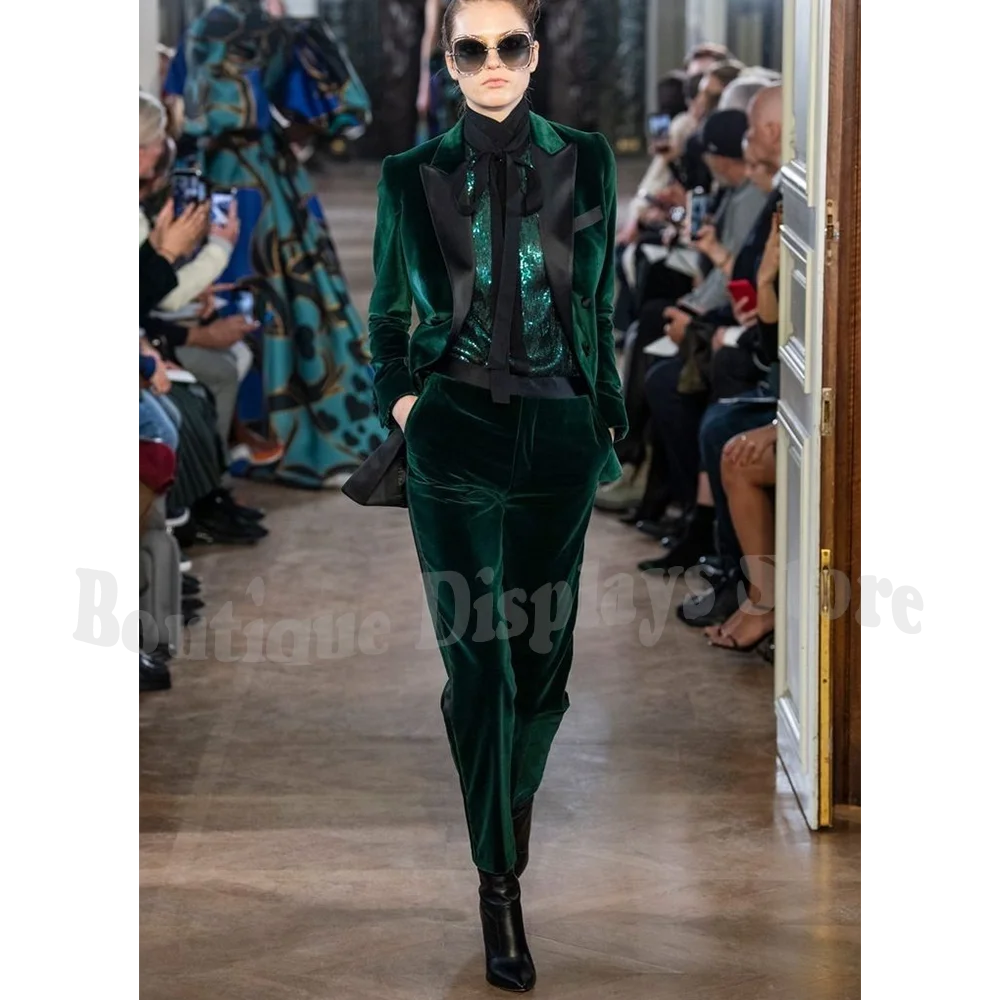 Green Velvet Women's Suit Two Pieces Peaked Lapel Slim Fit High Quality Luxury Outfit Model Show Casual Party Female Suit Set