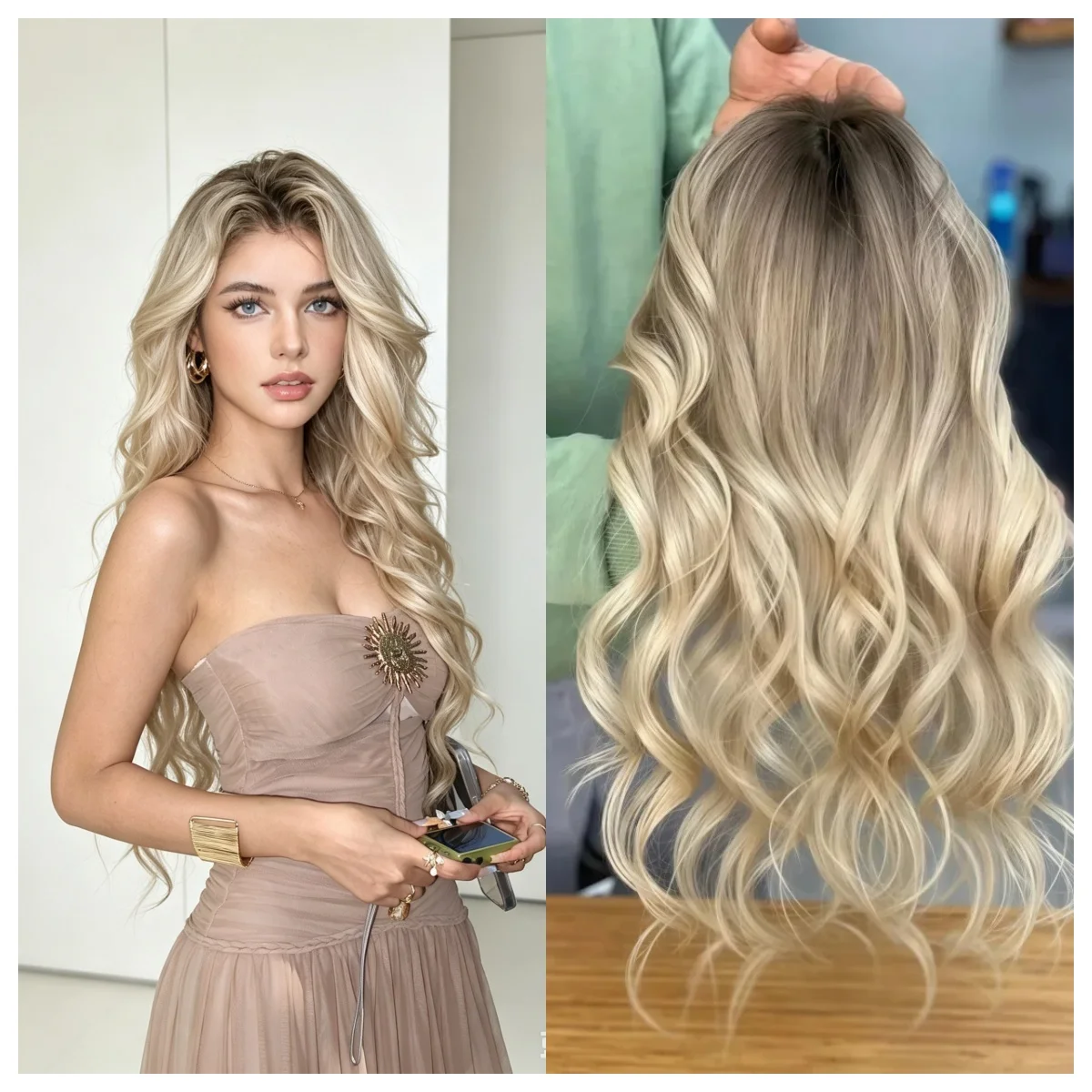 

Platinum Ombre Blond Body Wave Lace Front Wig Dark Roots Glueless Synthetic Hair for Women Daily Use