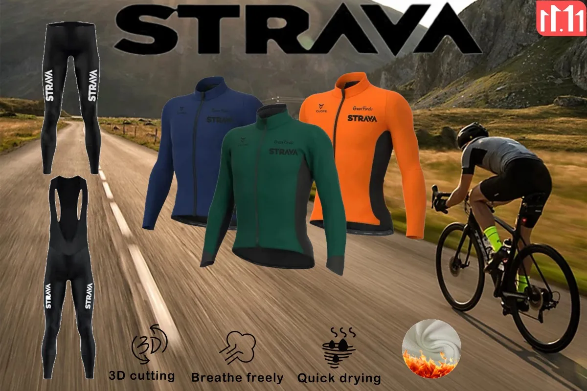 STRAVA Bikes, Road Bikes, Mountain Bikes, Men's Jackets, Winter Fleece Long Sleeve Bike Tracksuits