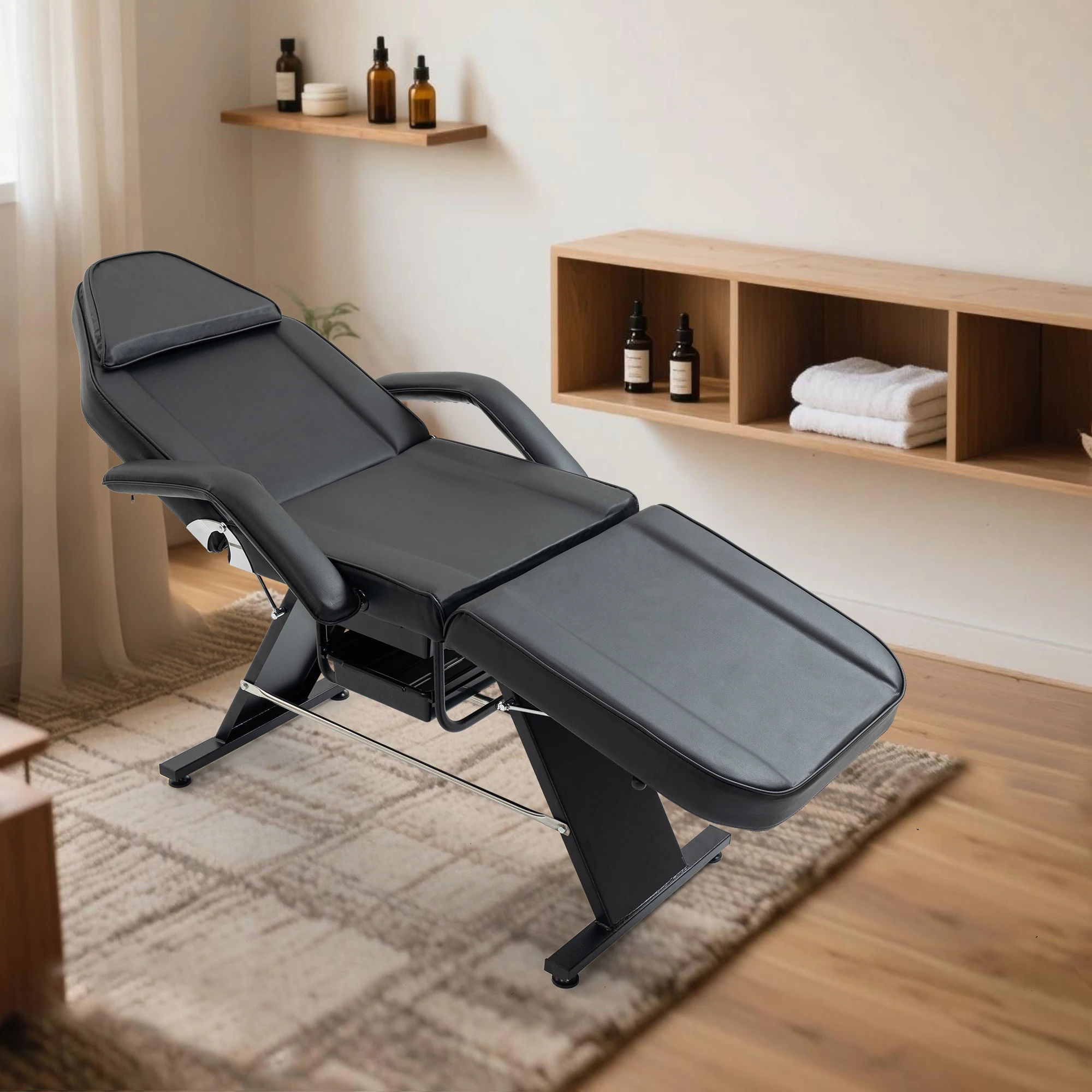 Upgraded Adjustable 3 Section Massage Table Esthetician Facial Bed with Hydraulic Stool and 2 Trays Tattoo Spa Barber Salon Beauty Black
