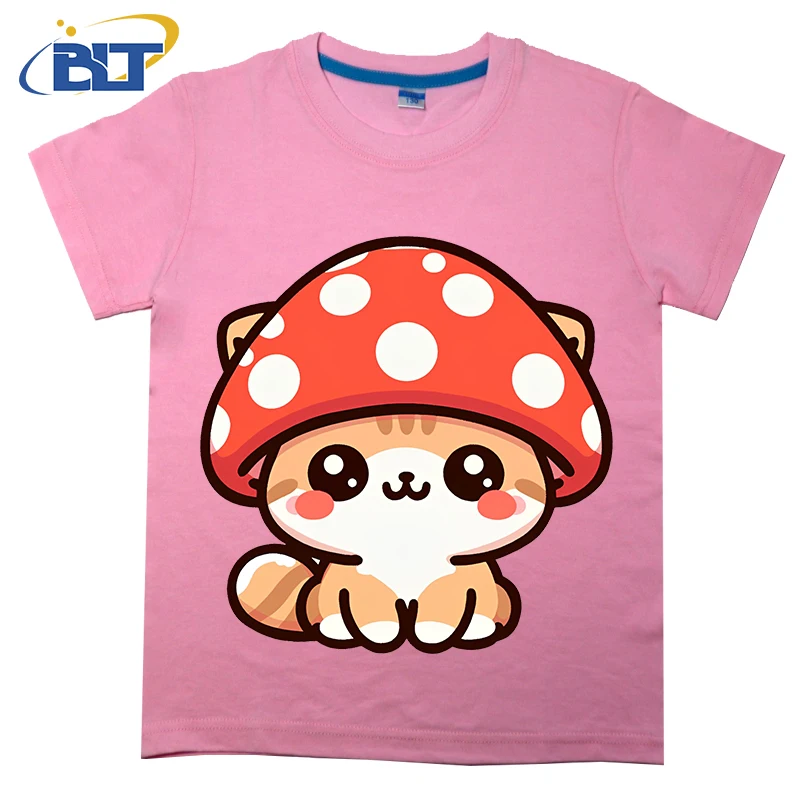 Cat Mushroom Cute Kitty printed kids T-shirt summer pure cotton short-sleeved casual top suitable for both boys and girls